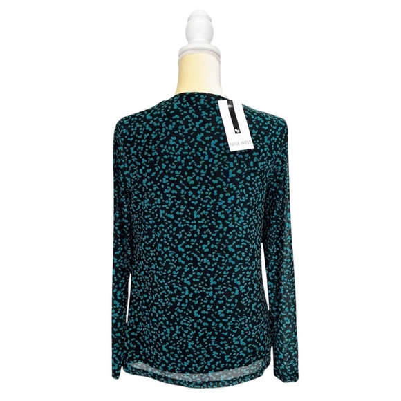Nine West Leopard Print Keyhole Long Sleeve Top Size Medium Black Green New NWT - Picture 2 of 6
